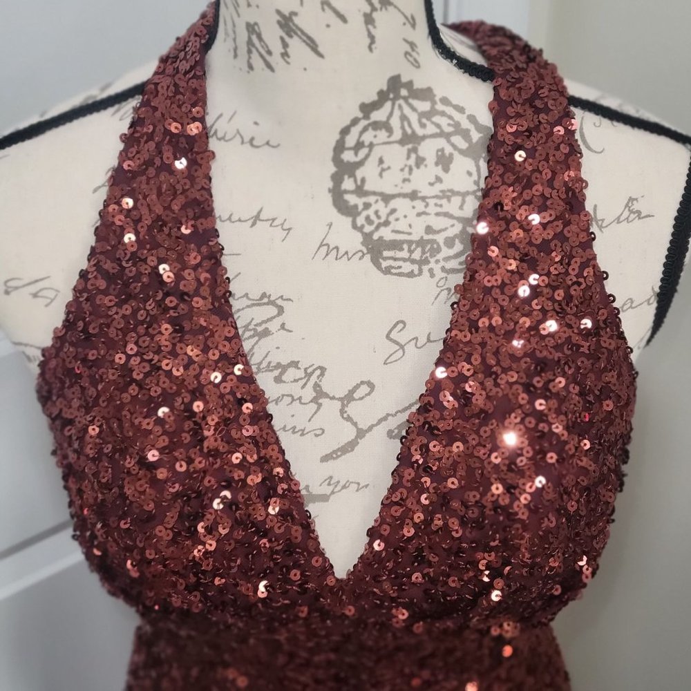 B. Darlin Sequin copper embellished split him mermaid style ball gown size 3/4 - Picture 8 of 16